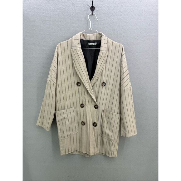 Clew Womens Cream Black Striped Double Breasted Linen Relaxed Fit Blazer Size L - Picture 11 of 11